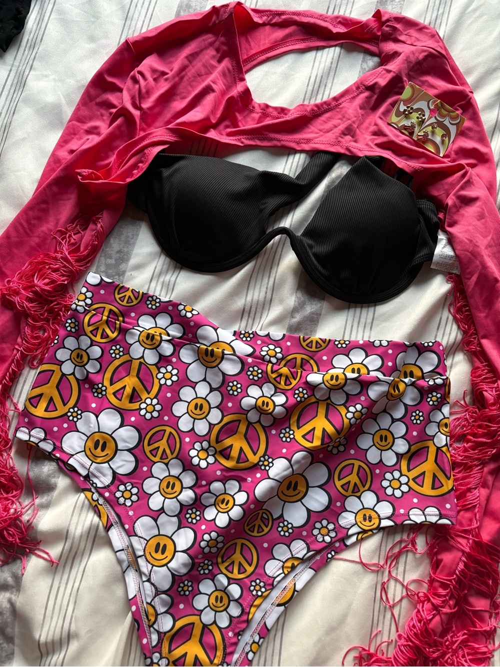 Festival Fit with Retro Smile Flower High Waist Bikini Bottoms & Fringe in Pink
